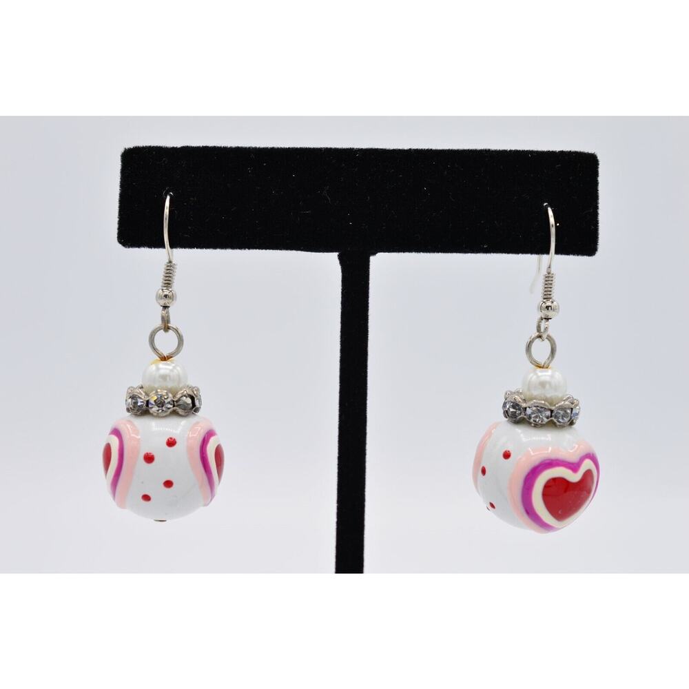 Vintage Heart Earrings Glass Beaded Drop Dangle White Red Pink Valentine 9G